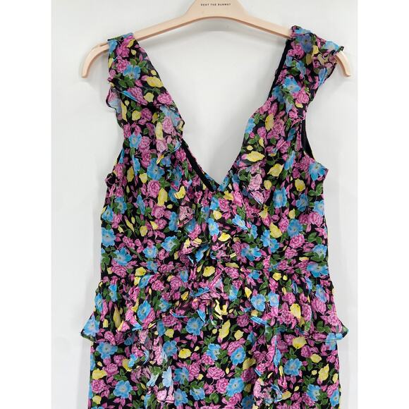 AMUR Evita Silk Multicolor Floral Print Chiffon Ruffled V-Neck Maxi Dress Sz 14 - Picture 4 of 7